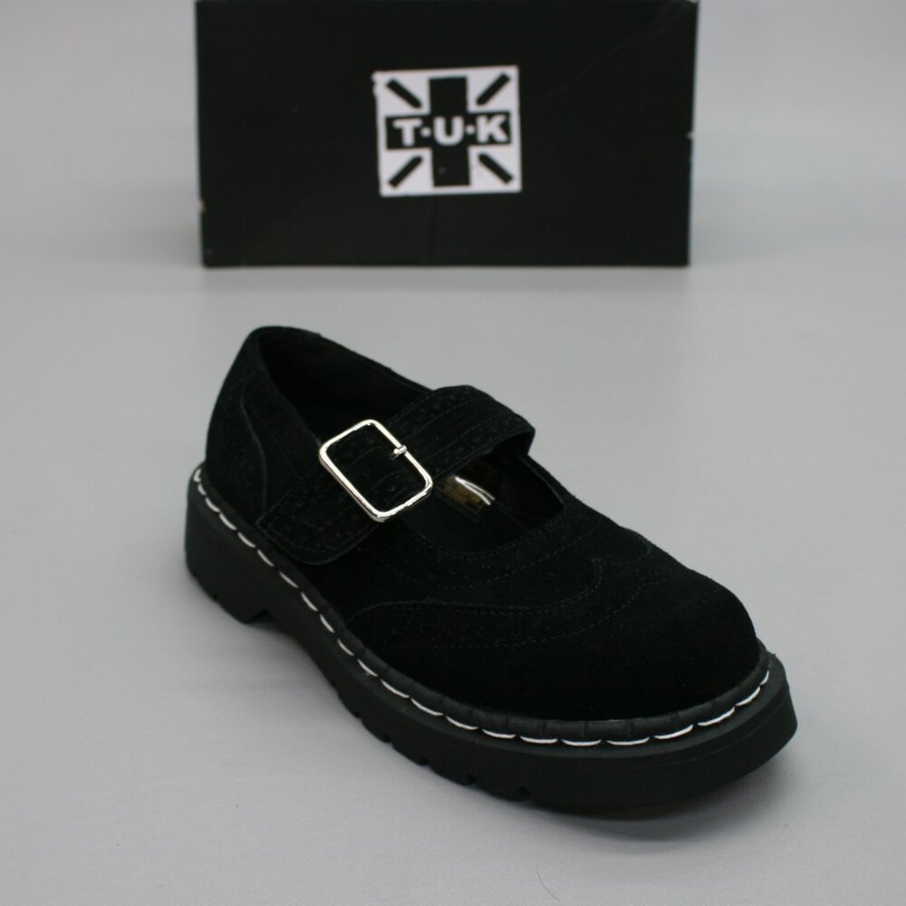 T.U.K. Ladies 7 Brogue Black Suede Wingtip Mary Jane Clunky Punk Shoes - T2328